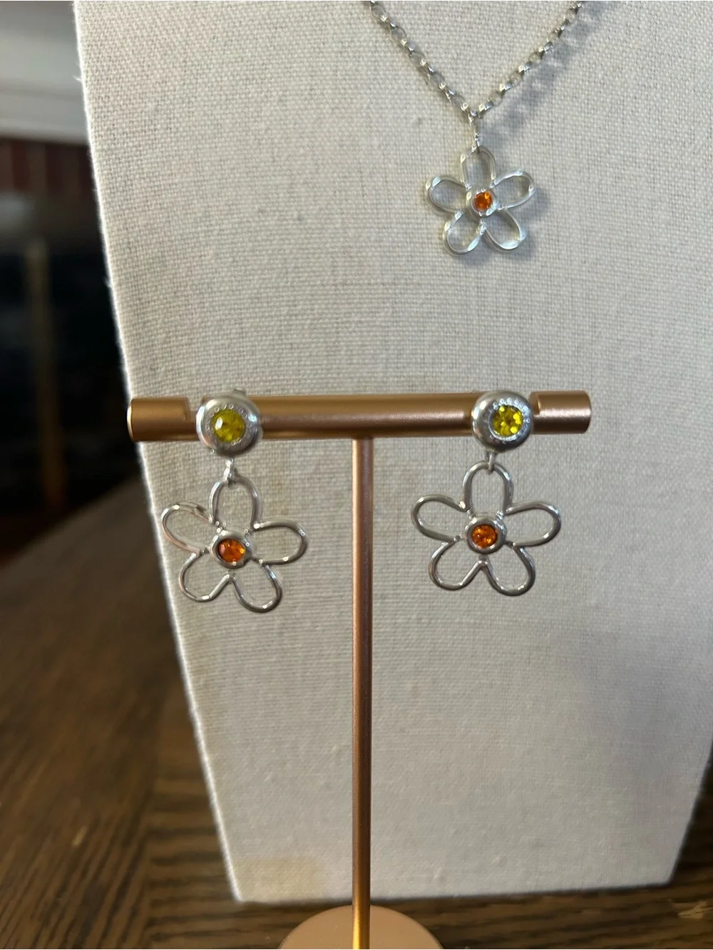 Sabika Jewelry Silver Flower Necklace and Earrings Set, Orange and Yellow Stones